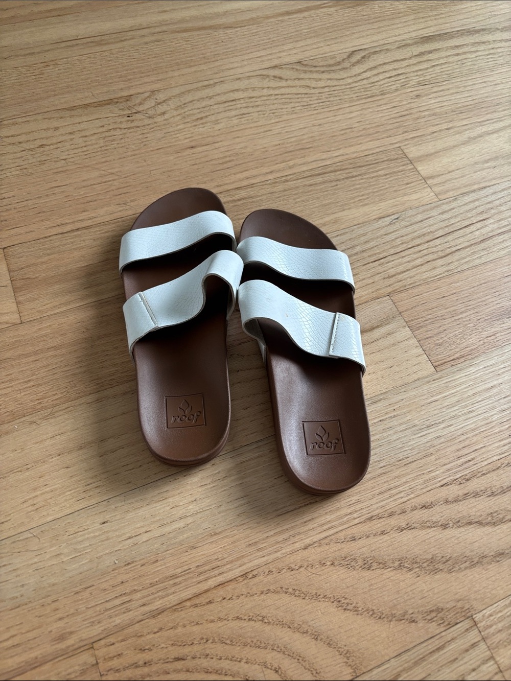 Reef White Double-Strap Slide Sandals with Brown Footbed